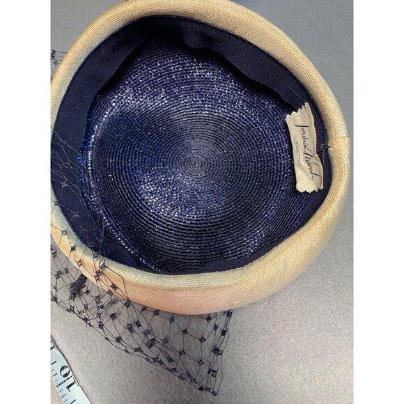 Vintage Navy & Cream Pillbox Hat With Red Trim & Black Veil Sz 22" - Picture 10 of 11